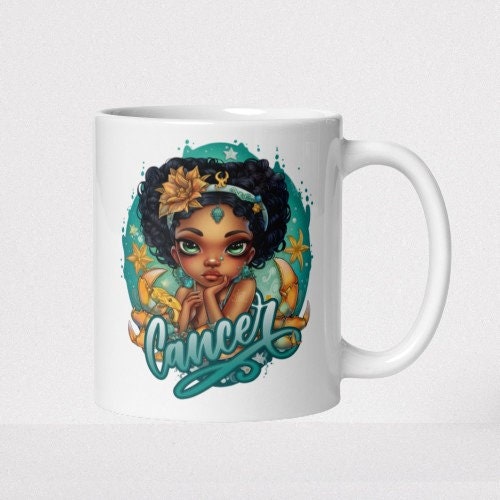 Cancer Zodiac Mug, Cancer Zodiac Mug, Black Girl Gift, Astrology Coffee Cup, African American Woman, Horoscope Gift