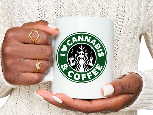 I love Cannabis & Coffee, Stoner Mug, Wake and Bake Mug, Starbucks-Inspired Mug